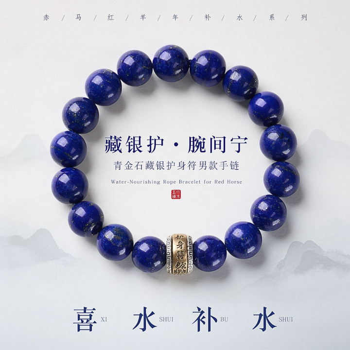 藏银护・腕间宁 青金石藏银护身符男款手链